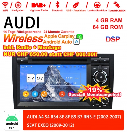 7 Inch Android 13.0 Car Radio / Multimedia 4GB RAM 64GB ROM For AUDI A4 SEAT EXEO S4 RS4 8E 8F B9 B7 RNS-E