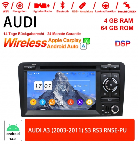 7 pouces androïde 13 autoradio 4GB RAM 64GB de ROM pour AUDI A3 (2003-2011) S3 RS3 RNSE-PU Carplay / Android Auto intégré