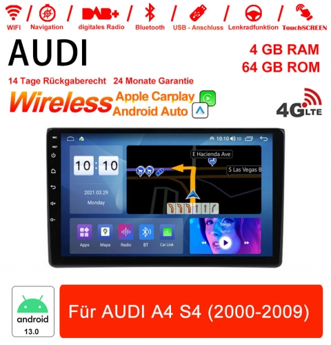 9 pouces Android 13.0 4G LTE Autoradio / Multimédia 4 Go de RAM 64 Go de RAM pour Audi A4 S4(2000-2009)