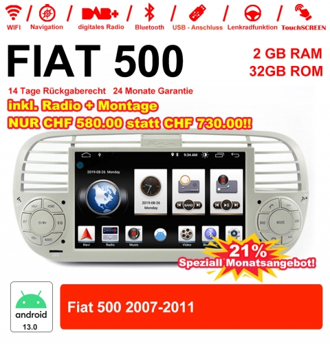6.2 pouces Android 13.0  Autoradio/multimédia 2Go RAM 32Go ROM pour Fiat 500 2007-2011 avec WiFi NAVI Bluetooth Built-in Carplay/ Android Auto Blanc