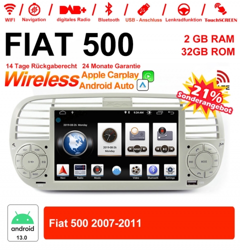 6.2 Zoll Android 13.0 Autoradio / Multimedia 2GB RAM 32GB ROM Für Fiat 500 2007-2011 Mit WiFi NAVI Bluetooth USB Built-in Carpla /Android Auto Weiß