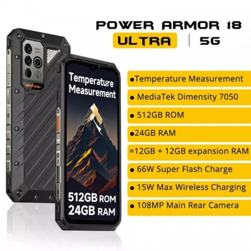 Ulefone Power Armor 18 Ultra 5G Android 13.0 Robustes Telefon 24GB RAM 512GB ROM 32MP+8MP Kamera 66W Support NFC, Google Pay