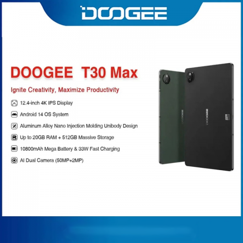 Doogee T30 MAX tablette 12,4 pouces 4K 20GB 512GB 50MP double caméra Nano Unibody alliage d'aluminium 10800mAh 33W Android 14