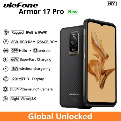 Ulefone Armor 17 Pro 4G LTE Android 12 8Go RAM 256Go ROM Caméra 108MP Smartphone robuste IP68 étanche Vision nocturne NFC Google Pay