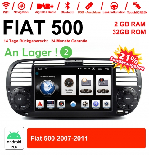 6.2 pouces  Android 13.0 Autoradio/multimédia 2Go RAM 32Go ROM pour Fiat 500 2007-2011 avec WiFi NAVI Bluetooth USB Built-in Carplay/Android Auto Noir