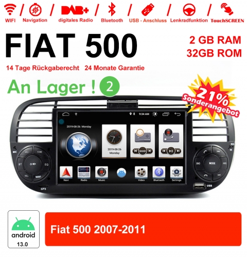 6.2 Inch Android 13.0 Car Radio / Multimedia 2GB RAM 32GB ROM For Fiat 500 2007-2011 With WiFi NAVI Bluetooth USB Built-in Carplay/Android Auto Black