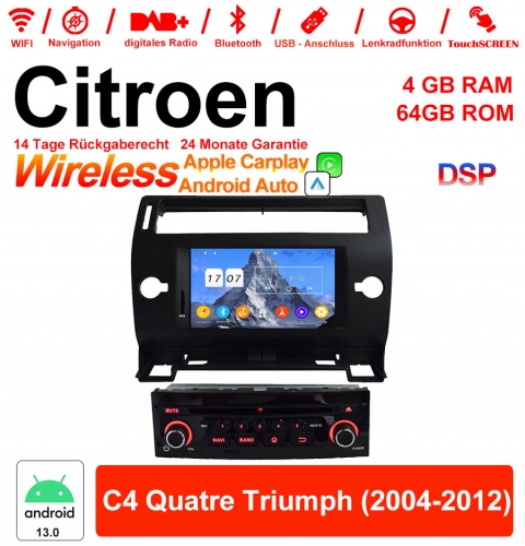 7 inch Android 13.0 car radio / multimedia 4GB RAM 64GB ROM for Citroen C4 Quatre Triumph 2004-2012 with WiFi NAVI Bluetooth USB