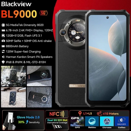 Blackview BL9000 5G Smartphone robuste 6,78 "écran 2,4k fhd 12 Go + 512 Go téléphone portable 8800 mAh