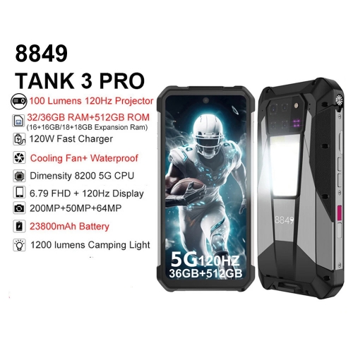 8849 Tank 3 Pro Smartphone 5G robuste avec projecteur 512 lumens, 32/36GB de stockage, batterie 23800mAh, téléphone étanche 200MP