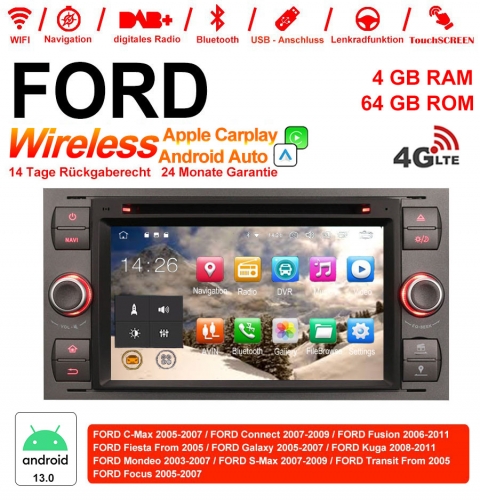 7 pouces Android 13.0 Autoradio / Multimédia 4Go de RAM 64Go de ROM pour Focus Fiesta/Fusion C/S-Max Transit Mondeo Carplay / Android Auto intégré