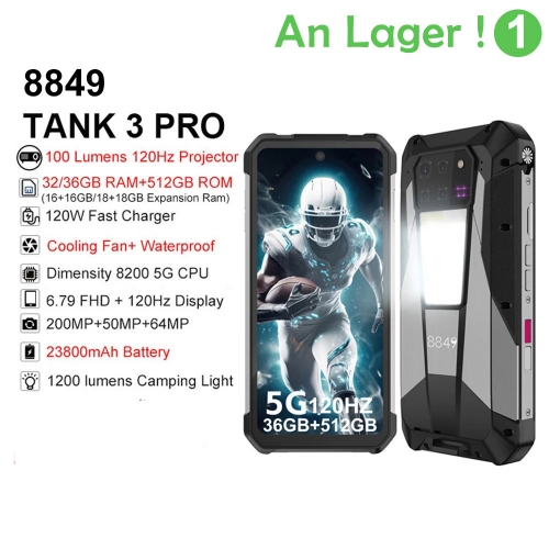 8849 Tank 3 Pro robustes 5G-Smartphone mit 512-Lumen Beamer, 32/36GB Speicher, 23800mAh Akku, 200MP wasserdichtes Handy