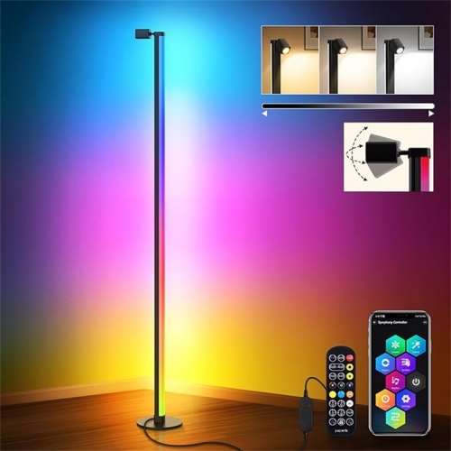 Lampadaire LED RGBIC 140 cm, lampadaire amovible, noir, LED de jeu, lampadaire de salon,dimmable, 16 millions de couleurs, lampadaire avec application