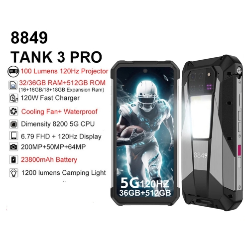 8849 Tank 3 Pro robustes 5G-Smartphone mit 512-Lumen Beamer, 32/36GB Speicher, 23800mAh Akku, 200MP wasserdichtes Handy