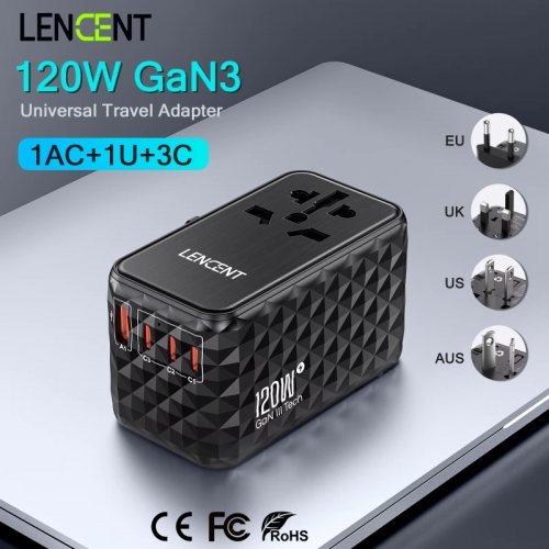 LENCENT 120W GaN International Travel Adapter with 1 USB-A+3 Type-C PD3.0 Fast Charge EU/UK/US/AUS Plug Travel Charger Universal Travel Adapter