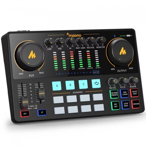 Maono AME2 Audio-Interface, Soundkarte, DJ-Mixer, All-in-One Podcast-Studio für Aufnahme, Live-Streaming, Youtube, Gitarre, PC