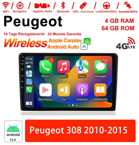 10 pouces Android 13.0 Autoradio / multimédia 4Go de RAM 64Go de ROM pour Peugeot 308 2010-2015 avec WiFi NAVI Bluetooth USB