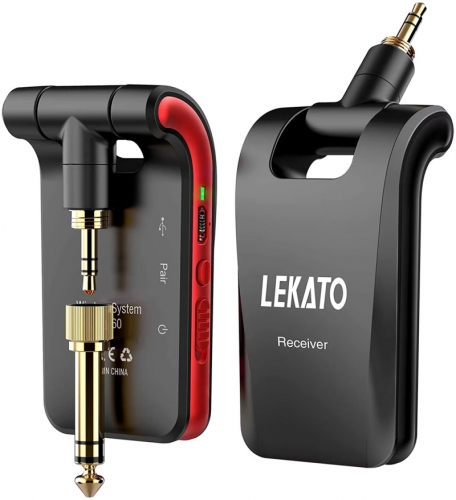 LEKATO WS-60 Kabelloses Gitarrensystem, 2,4 GHz, kabelloser Gitarrensender, Empfänger, Stereo, 2-in-1-Stecker, 6 Kanäle, kabellose Gitarre