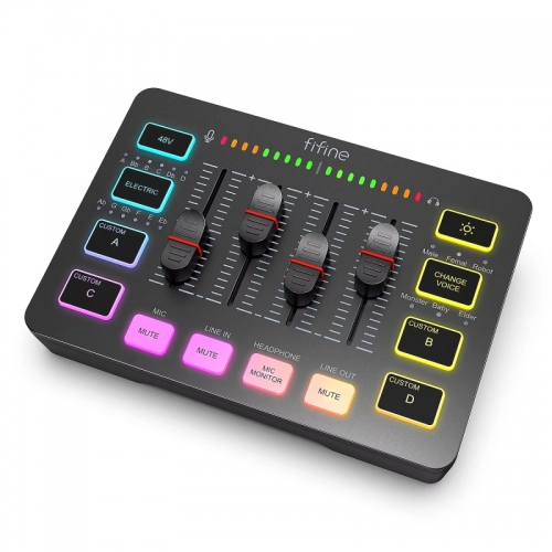 Fifine Gaming Audio Mixer,Streaming 4-Kanal RGB Mixer mit XLR Mikrofon Schnitts telle, für Game Voice,Podcast, Ampligame Sc3