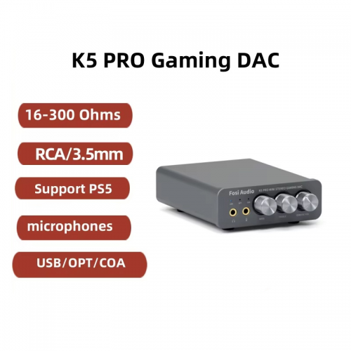 Fosi audio k5 pro usb gaming dac with microphone headphone amplifier mini audio dac for ps5 desktop active speakers