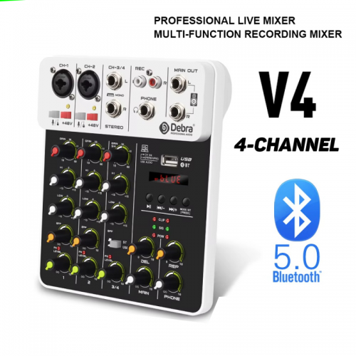 V4 Audio Interface Mixer Bluetooth USB Recording PC 48V Phantom Power Delay Repeater Effect 4 Channels USB Audio Mixer