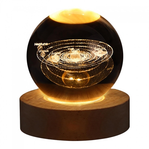 Veilleuse boule de cristal galaxie, veilleuse LED système solaire boule de cristal avec base en bois, lampe boule de cristal pour garçons et filles