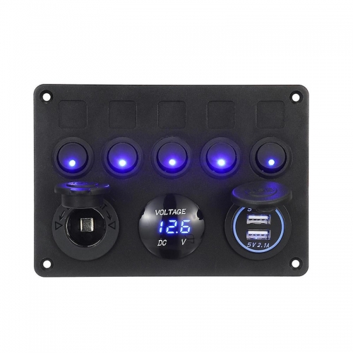 12/24V 5 Gang Blue Led Rocker Switch Panel Dual USB Car Boat Marine Rv Truck On-off