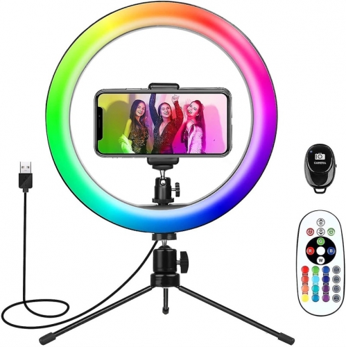 Tripod with Ring Light, Ring Light for iPhone 10'', Phone Ring Light with 16 Colors for YouTube Video/Makeup/Live Stream