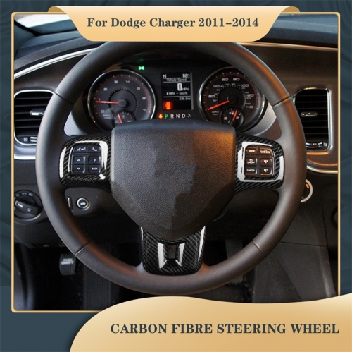 Couvercle de bouton de volant en fibre de carbone véritable, autocollant, accessoires d'intérieur de voiture, pour Dodge Charger 2011 – 2014, 3 pièces