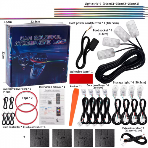 Lumières d'ambiance Led pour voiture 18 en 1, 213 couleurs,banderole symphonique RGB,Bluetooth,bande acrylique arc-en-ciel,Kit de lampe d'ambiance 12V