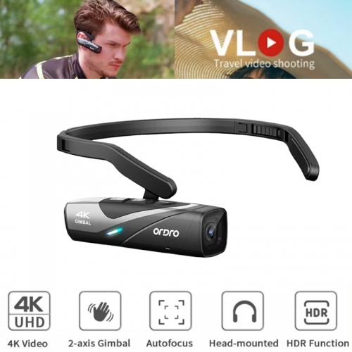 ORDRO EP8 4K 60fps Head-Mounted Camera, 2-Axis Stabilization, Ideal for YouTube and Vlogging, Wide-Angle, IP65 Waterproof