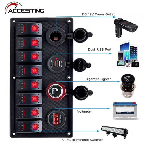 8 Gang Wipp schalter Panel Leistungs schalter überlast geschütztes Voltmeter 12V 24V DC USB Ladegerät Port RV Auto Boot Marine blau LED