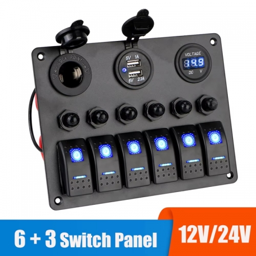 12V 24V 6 Buttons Car Switch Panel 15a Fuse Marine Circuit Breaker Voltmeter Tester Light Switch USB Chargers 3.0 Car Splitter