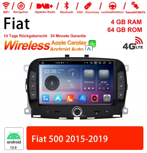 7 pouces Android 13.0 4G LTE Autoradio /Multimedia 4GB RAM 64GB ROM pour Fiat 500 2015-2019 Carplay intégre/Android Auto