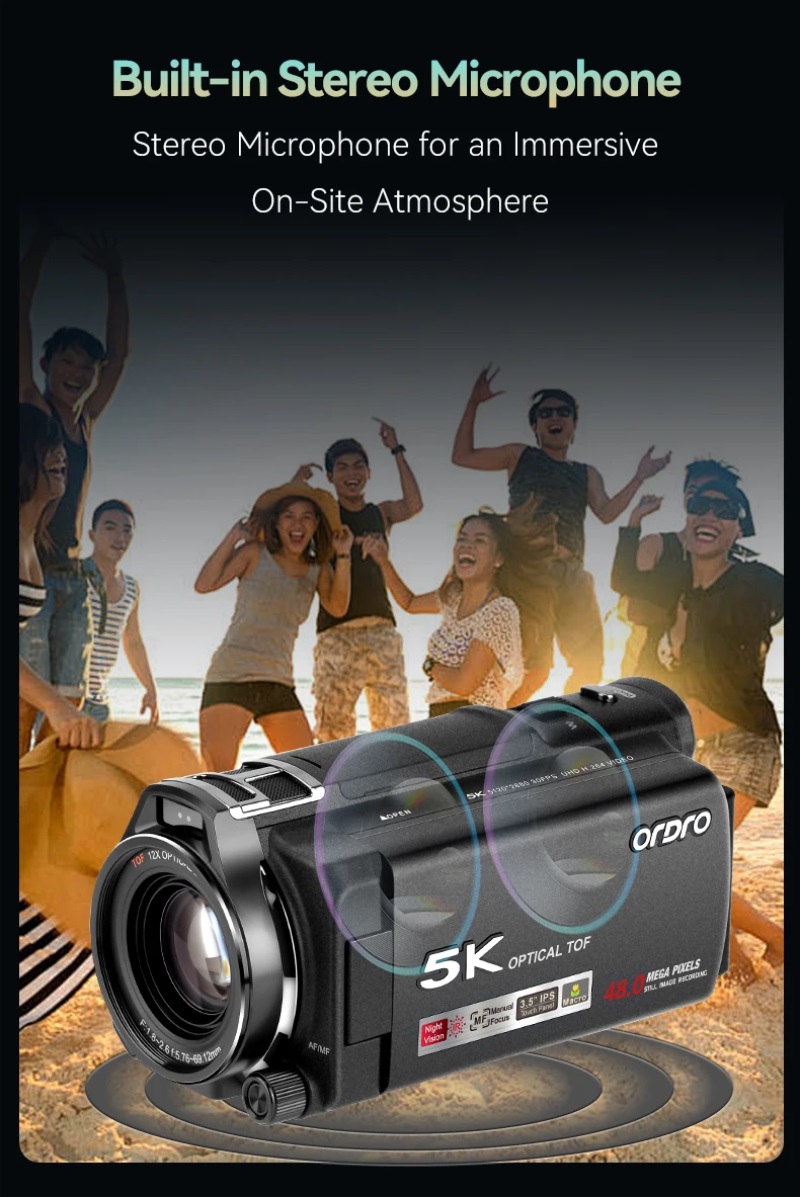 ORDRO XV80 4K Camcorder, 12x Optical Zoom, 5K Video Recorder, 3.5-Inch Touchscreen, IR Night Vision, Live Streaming