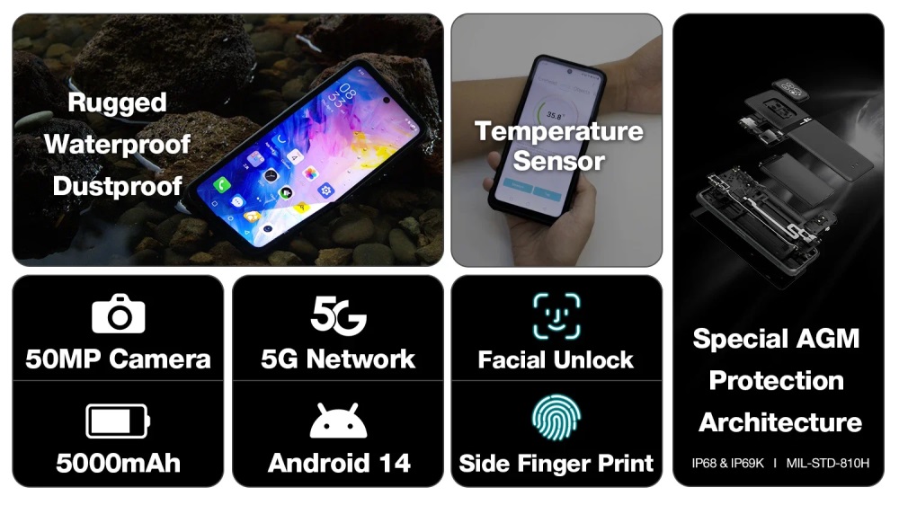 AGM X6 Smartphone robuste avec caméra 50MP, mesure de température, écran 6,78 pouces FHD+ et connectivité 5G