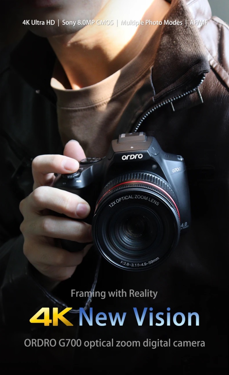 ORDRO G700 4K camera with 12x optical zoom, 64MP photo resolution, rotatable 3-inch touchscreen, and Wi-Fi connectivity – Ideal for vlogging and travel