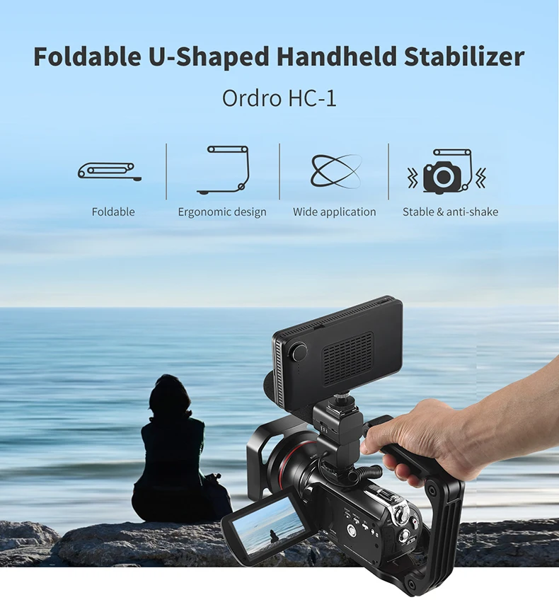 ORDRO handheld stabilizer, foldable C-shape design, compatible with DSLR & camcorders, accessory expandable