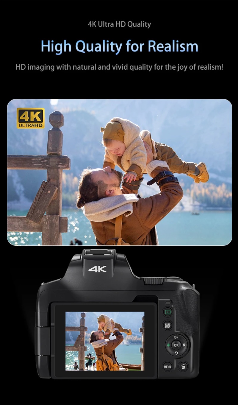 ORDRO G700 4K camera with 12x optical zoom, 64MP photo resolution, rotatable 3-inch touchscreen, and Wi-Fi connectivity – Ideal for vlogging and travel