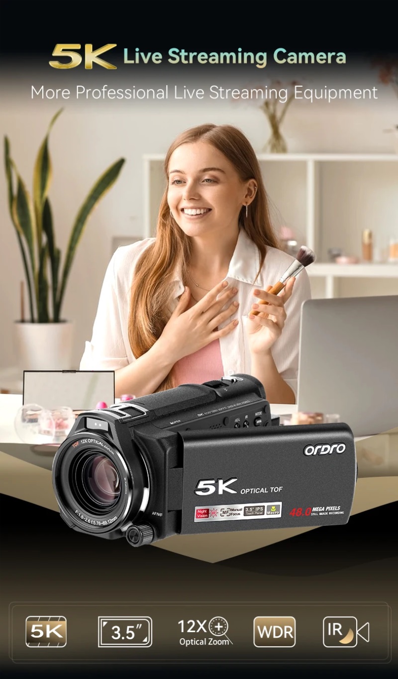 ORDRO XV80 4K Camcorder, 12x Optical Zoom, 5K Video Recorder, 3.5-Inch Touchscreen, IR Night Vision, Live Streaming