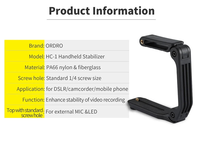 ORDRO handheld stabilizer, foldable C-shape design, compatible with DSLR & camcorders, accessory expandable