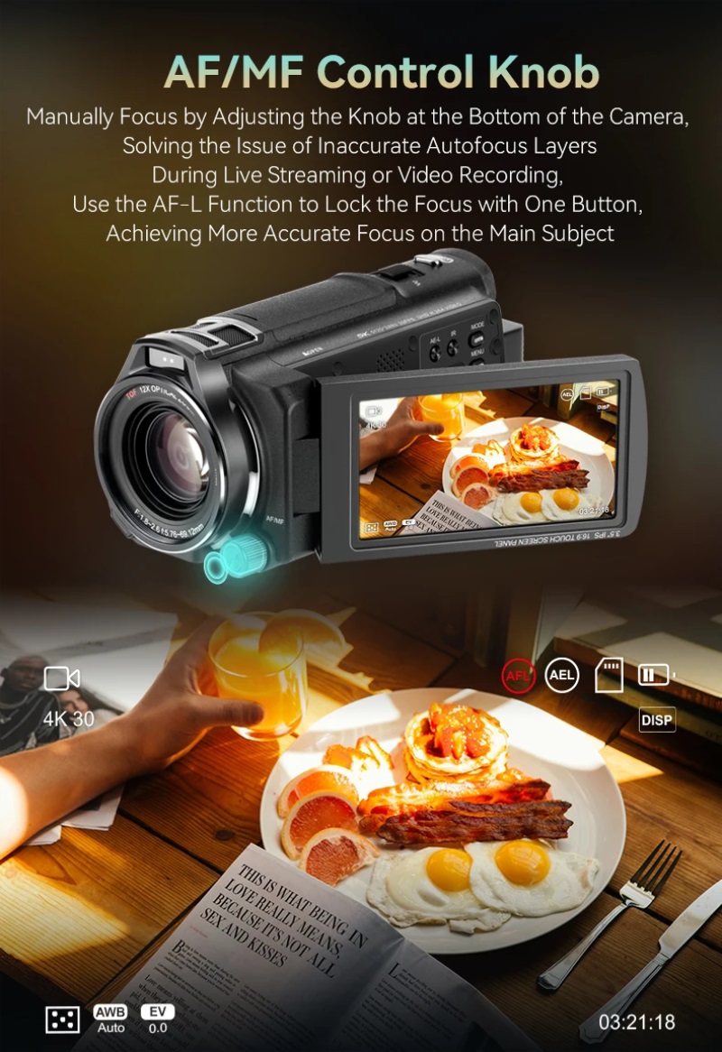 ORDRO XV80 4K Camcorder, 12x Optical Zoom, 5K Video Recorder, 3.5-Inch Touchscreen, IR Night Vision, Live Streaming