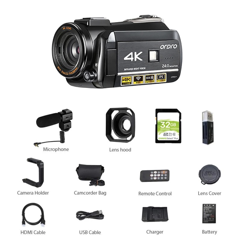 ORDRO AC3 4K Camcorder with Infrared Night Vision, 30x Digital Zoom, and 3.1-Inch Touchscreen – Perfect for Vlogging and Livestreams