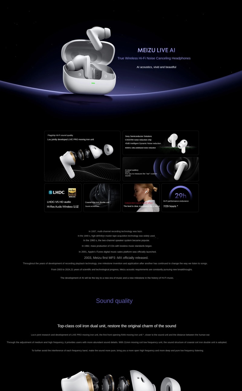 MEIZU LIVE AI true wireless earbuds, Hi-Fi sound, dual-driver, 45dB ANC