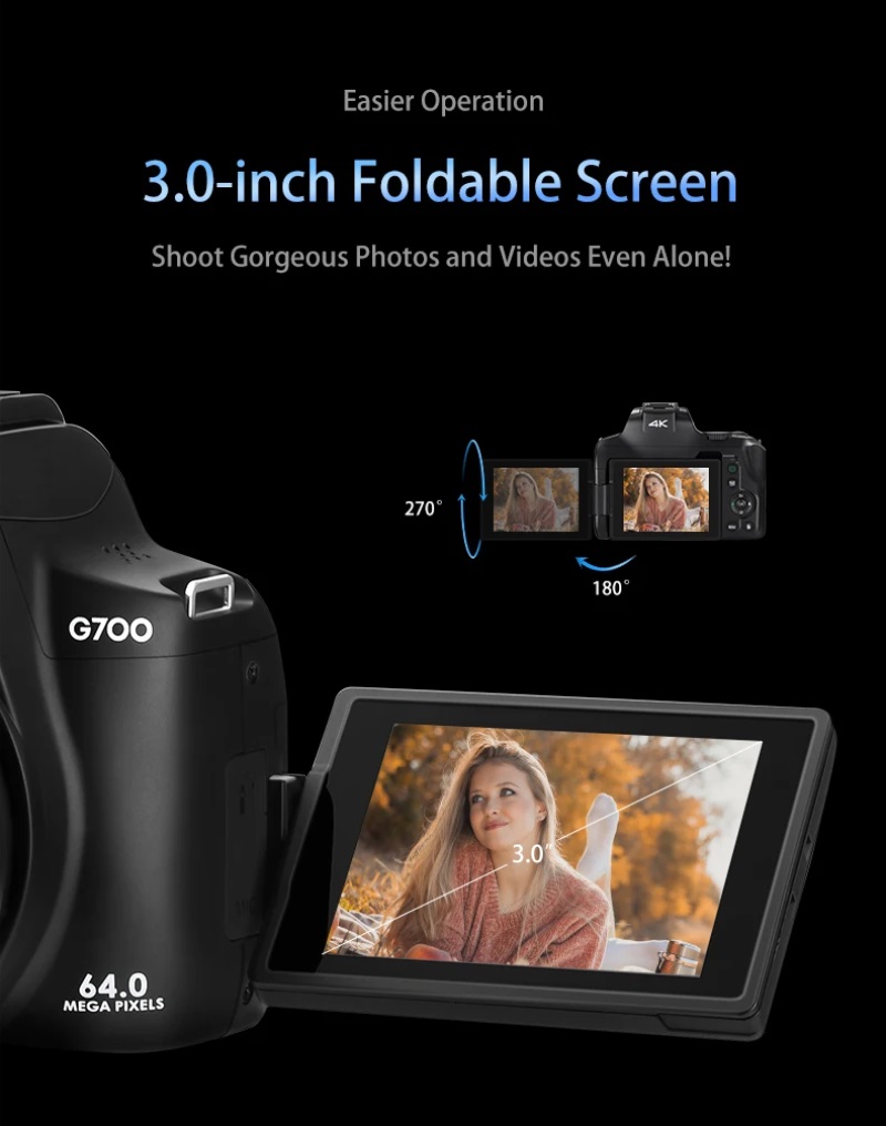 ORDRO G700 4K camera with 12x optical zoom, 64MP photo resolution, rotatable 3-inch touchscreen, and Wi-Fi connectivity – Ideal for vlogging and travel