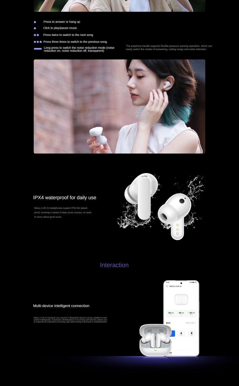 MEIZU LIVE AI true wireless earbuds, Hi-Fi sound, dual-driver, 45dB ANC