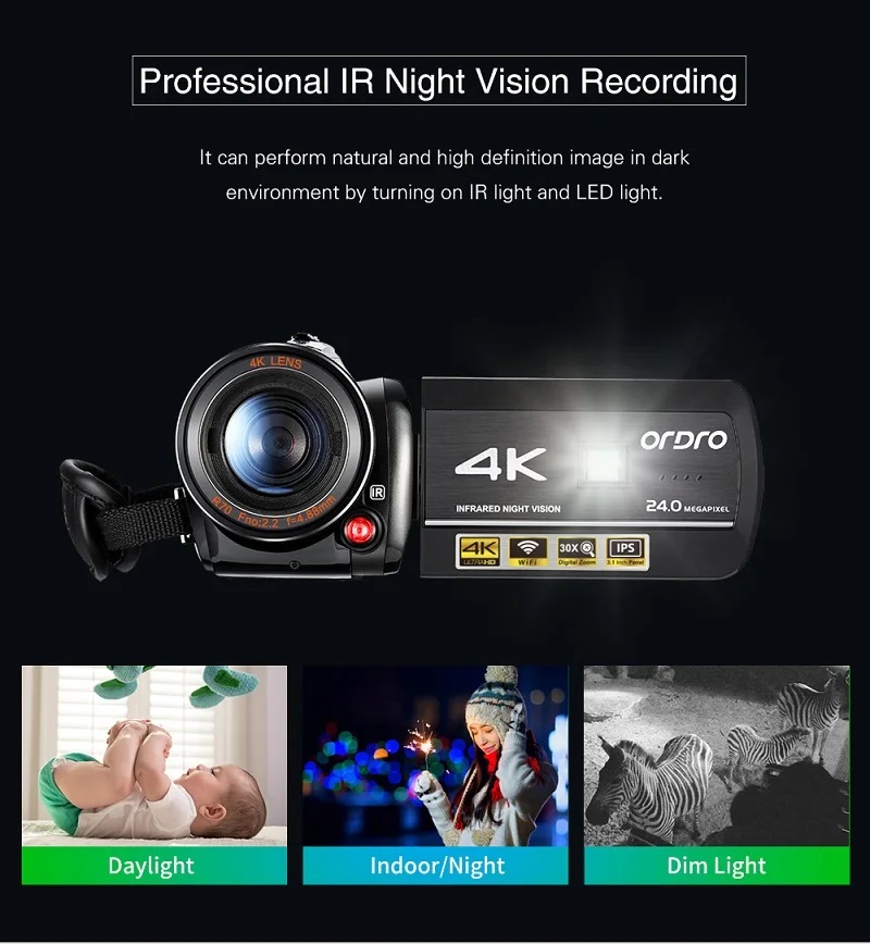 Caméscope numérique ORDRO AC3 4K avec vision nocturne infrarouge, zoom numérique 30x et écran tactile 3,1 pouces – Parfait pour les vlogs et les diffusions en direct