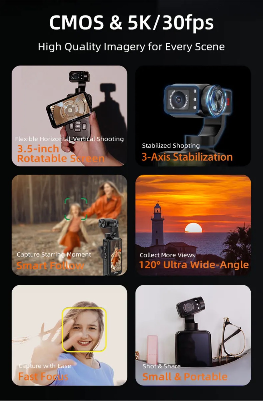 ORDRO M5 5K 30fps 4K 60fps Vlog Camcorder, 3-Axis Stabilization, 180° Rotating Lens, 3.5" Touchscreen