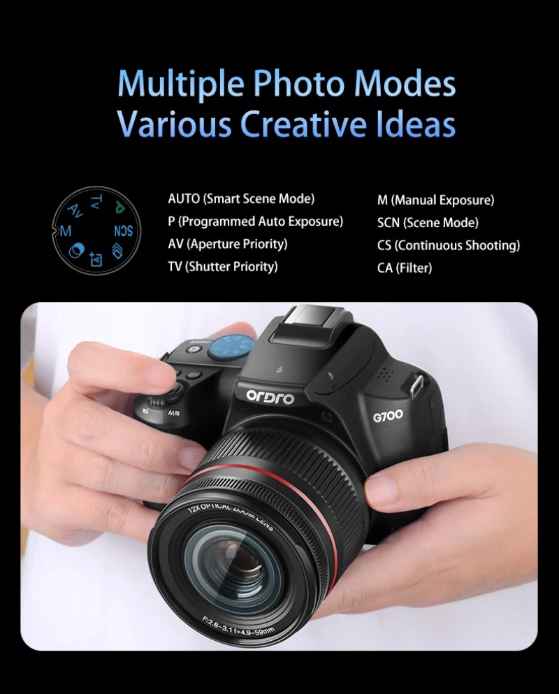 ORDRO G700 4K camera with 12x optical zoom, 64MP photo resolution, rotatable 3-inch touchscreen, and Wi-Fi connectivity – Ideal for vlogging and travel