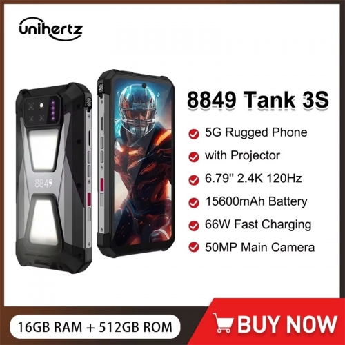 8849 TANK 3S Unihertz Smartphone robuste avec projecteur 5G 24/32GB RAM 256/512GB ROM 15600mAh 6.79 "2.4K 120Hz 64MP téléphone à Vision nocturne