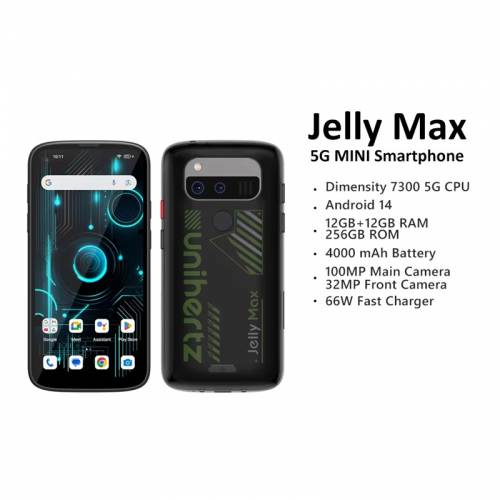 Unihertz Jelly Max 5,05 pouces mini smartphone Android 14 dimensions 7300 CPU 12 Go 256 Go Appareil photo 100MP Batterie 4000mAh Double carte Nano SIM